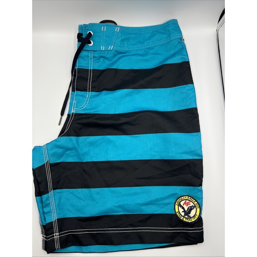 American Eagle Blue And‎ Black Striped 10" Inseam Mens Swimming Trunks Size XXL